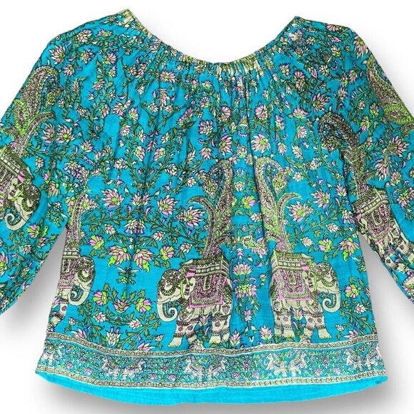 PEEK Girls Peasant Top Sz Large 8 Teal Blue Pink Boho Paisley Floral Elephant - Picture 3 of 7